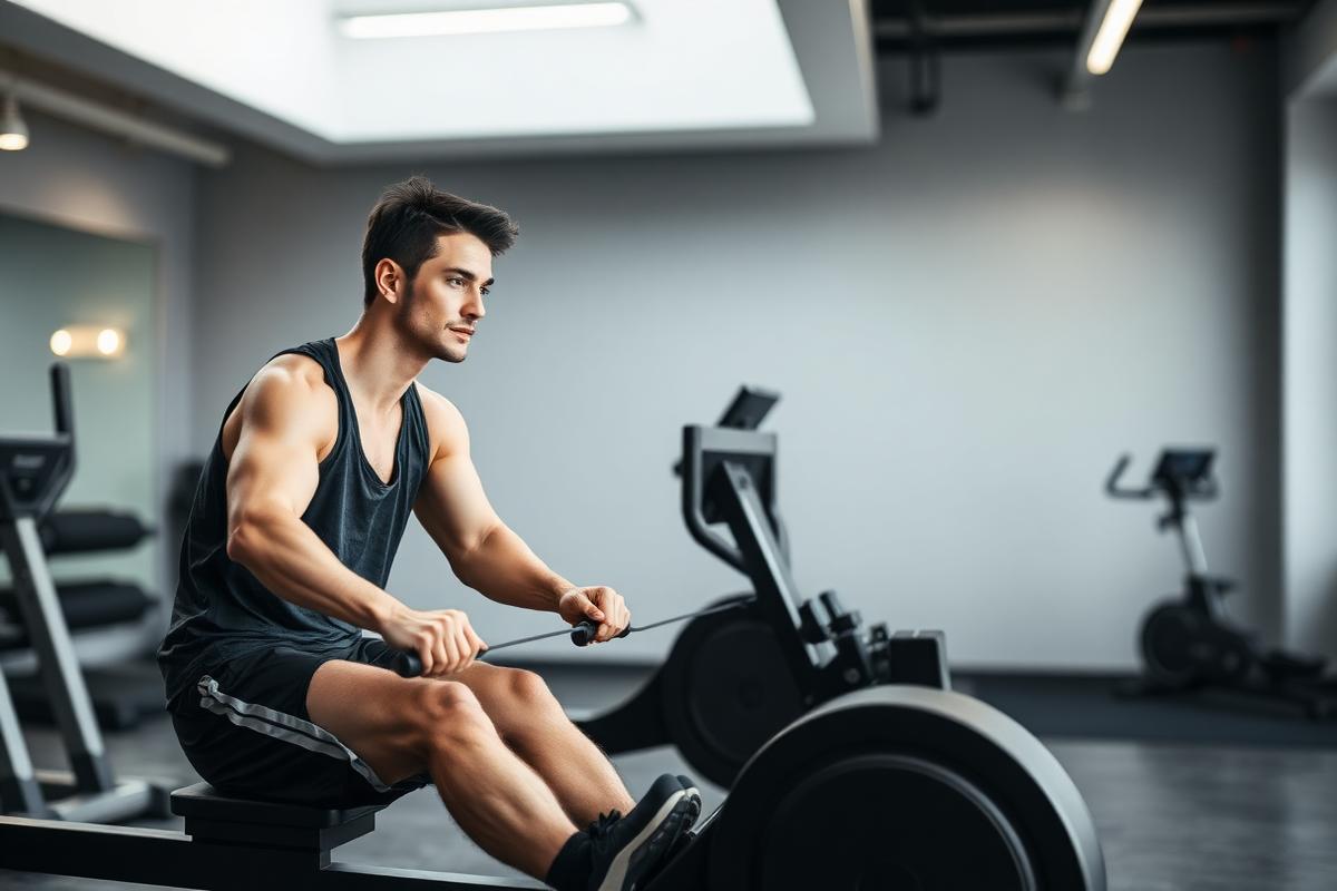 Personne réalisant une séance de travail cardio-vasculaire sur rameur